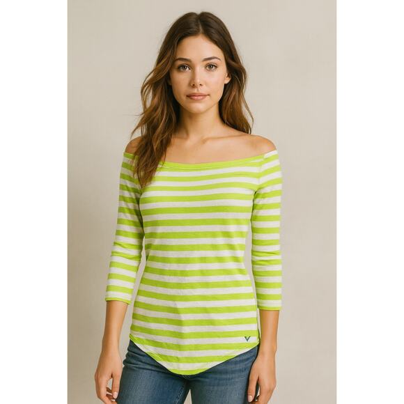 American Eagle Y2K Striped Off Shoulder Quarter Sleeve Tee Green White Small 90s - Picture 1 of 6